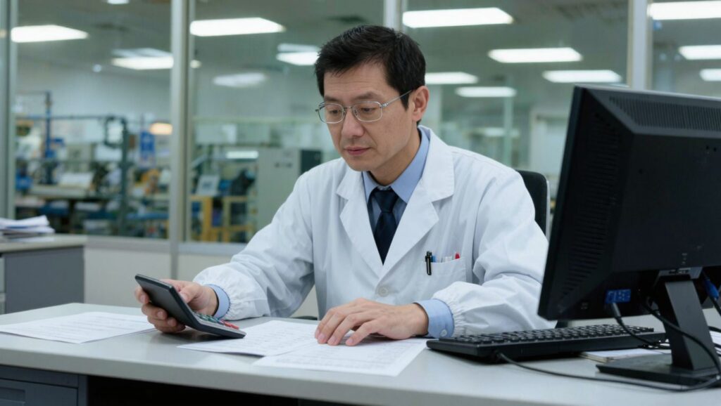 생산관리자가 책상에서 계산기로 절감액을 계산하는 모습
