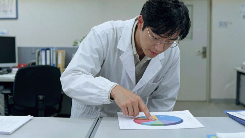 품질비용 구성비 파이차트를 손으로 짚어가며 확인하는 관리자