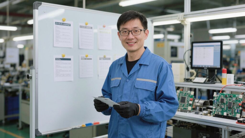 제전복을 입은 라인 관리자가 편성인원 보드 앞에 서 있는 모습