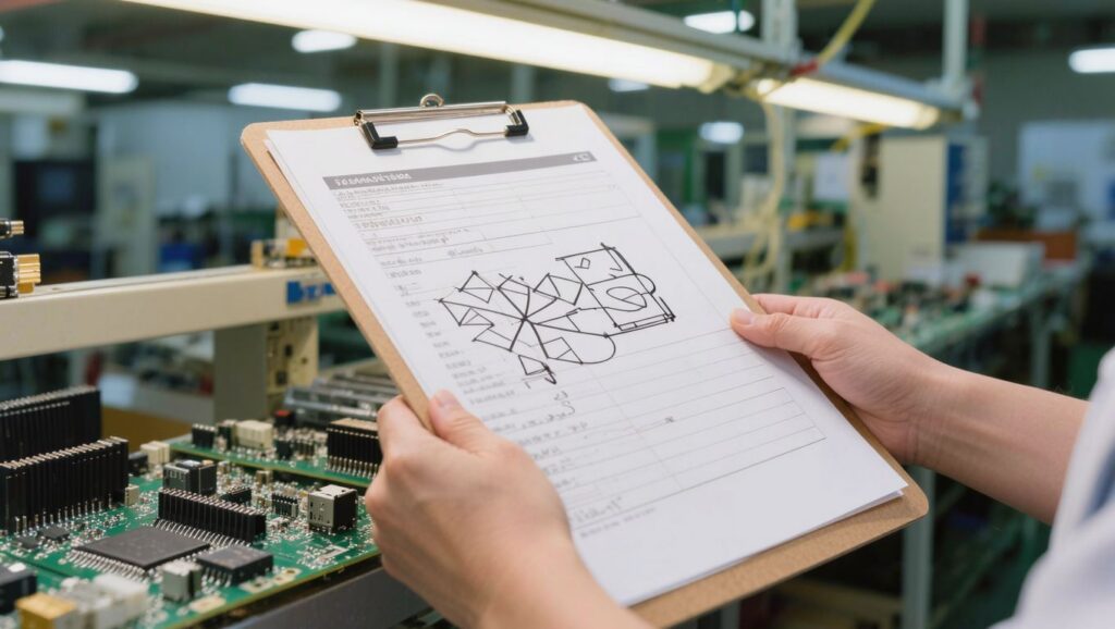 표준작업표가 끼워진 클립보드를 든 손, PCB 조립 라인 배경