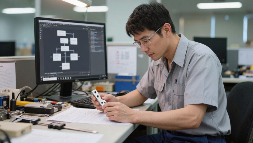 부품을 손에 들고 흐릿한 라우팅 화면과 대조하는 엔지니어