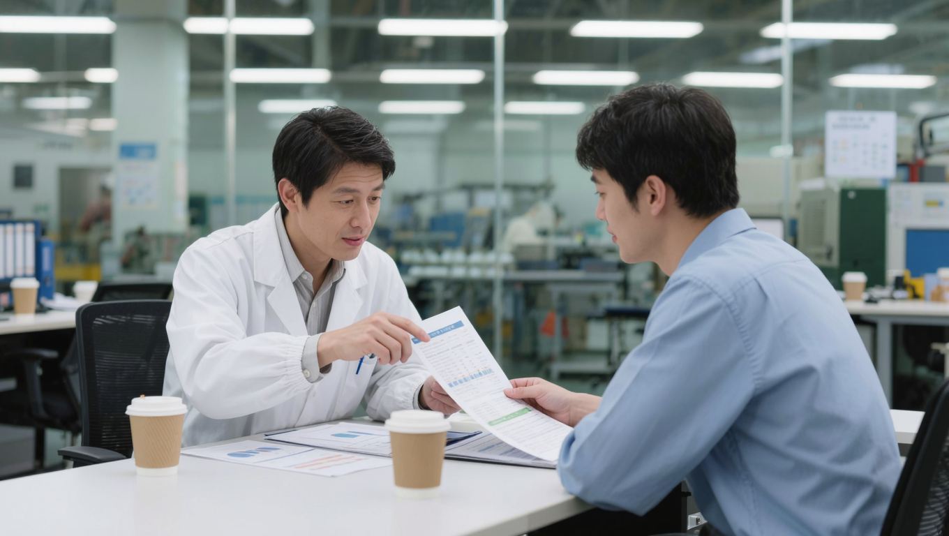 04. 원가절감과 원가회피의 차이 — 보고서에서 인정받는 개선효과 산출법 2 생산관리자와 재무 담당자가 회의 테이블에서 절감 보고서를 검토하는 모습