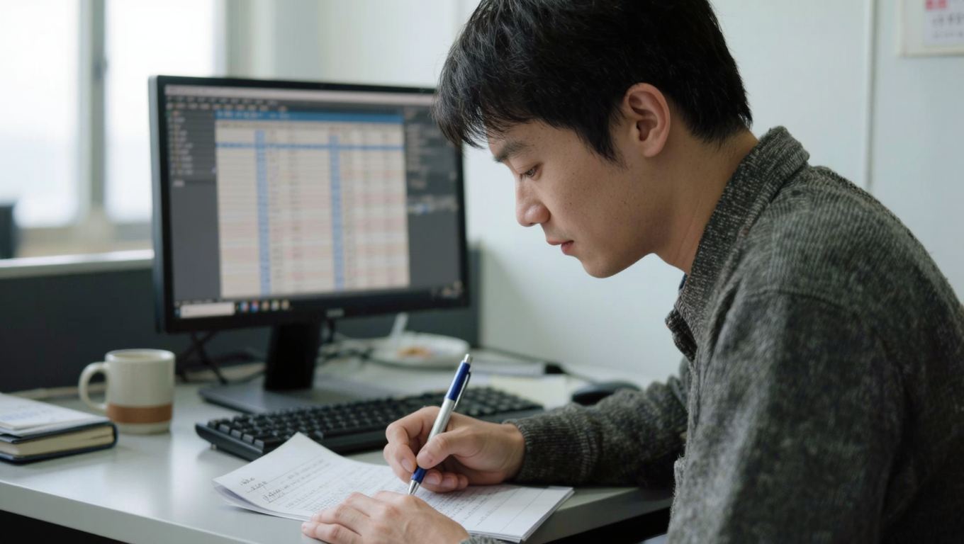 28. 수기 생산일보의 한계 — 데이터가 쌓여야 차이분석이 가능하다 3 손으로 쓴 메모를 보며 모니터에 데이터를 옮기는 사무직원