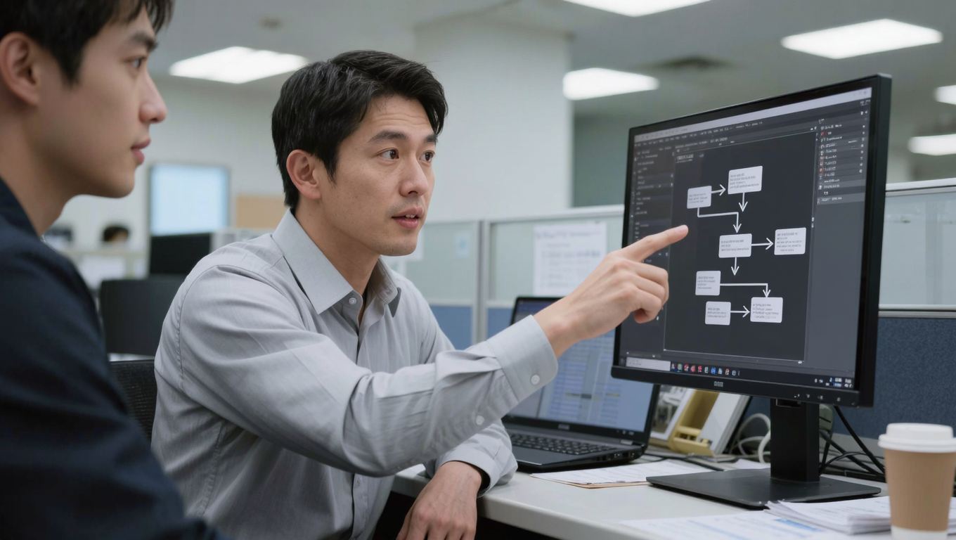 29. BOM과 라우팅 - 무너지면 표준원가 전체가 무너진다 3 모니터의 라우팅 흐름도를 가리키며 설명하는 직원과 동료