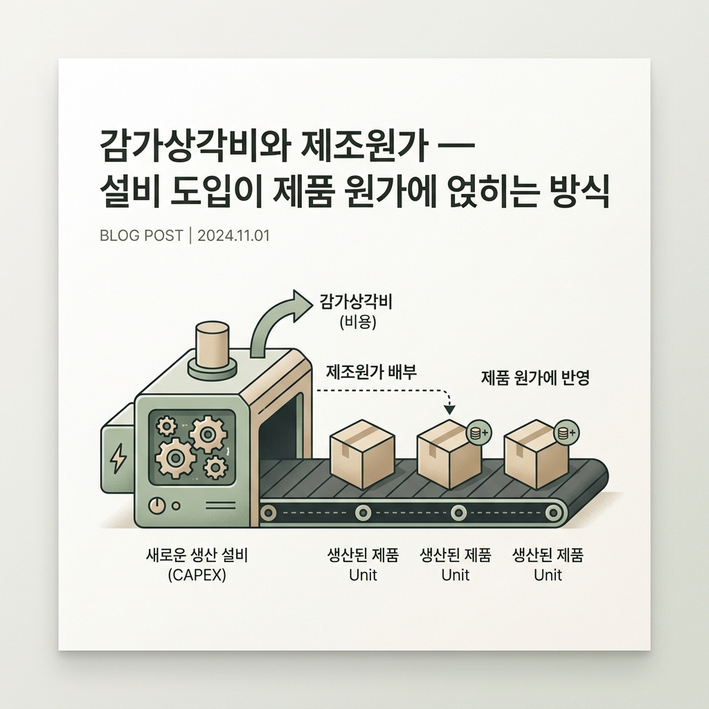 ai thumbnail minimal 감가상각비와 제조원가 — 설비 도입이 제품 원가에 얹히는 방식 1788619994
