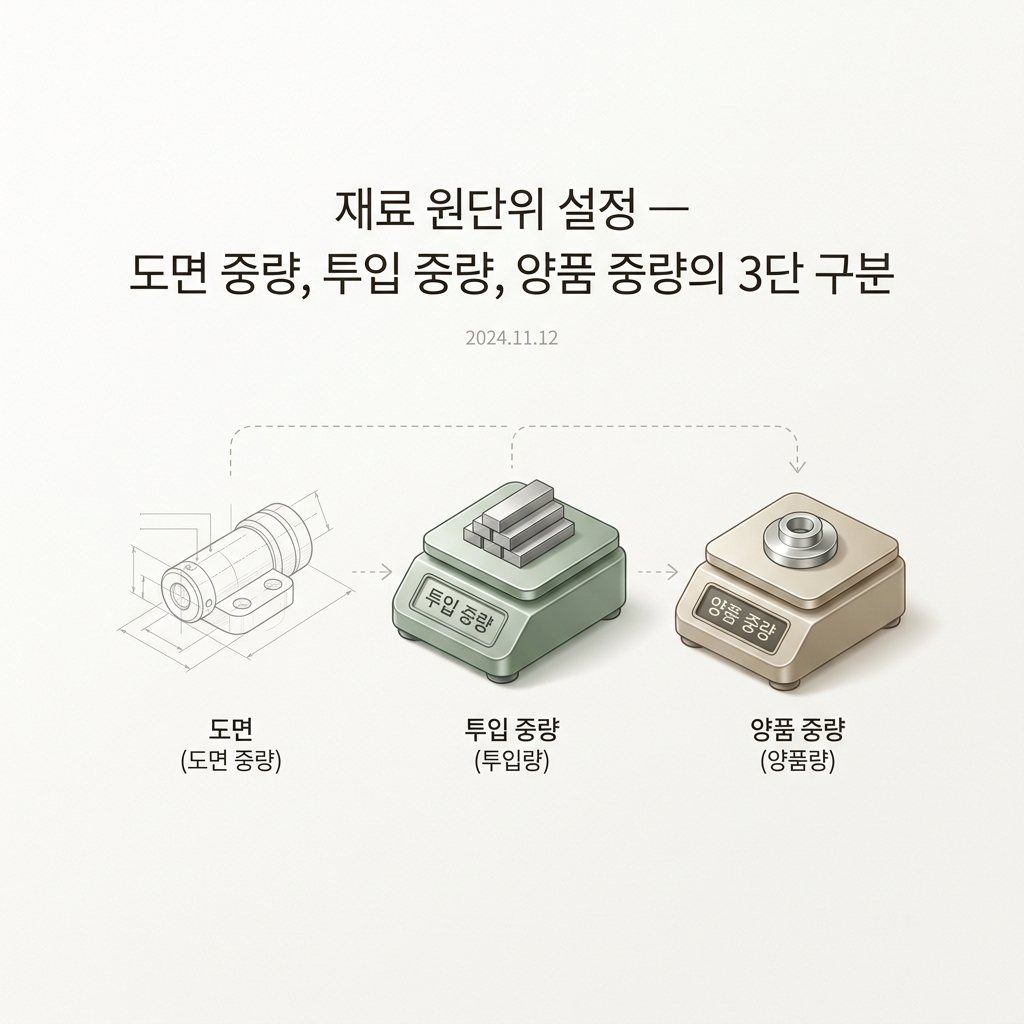ai thumbnail minimal 재료 원단위 설정 — 도면 중량 투입 중량 양품 중량의 3단 구분 1788622157